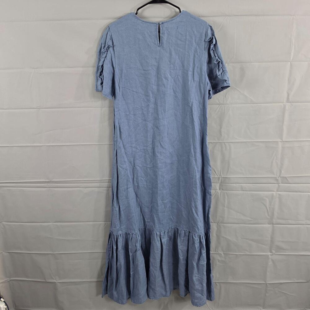 Lanhtropy Dress Large 100% Linen Ruffle Maxi Blue Casual Summer Boho Relaxed - Picture 6 of 10